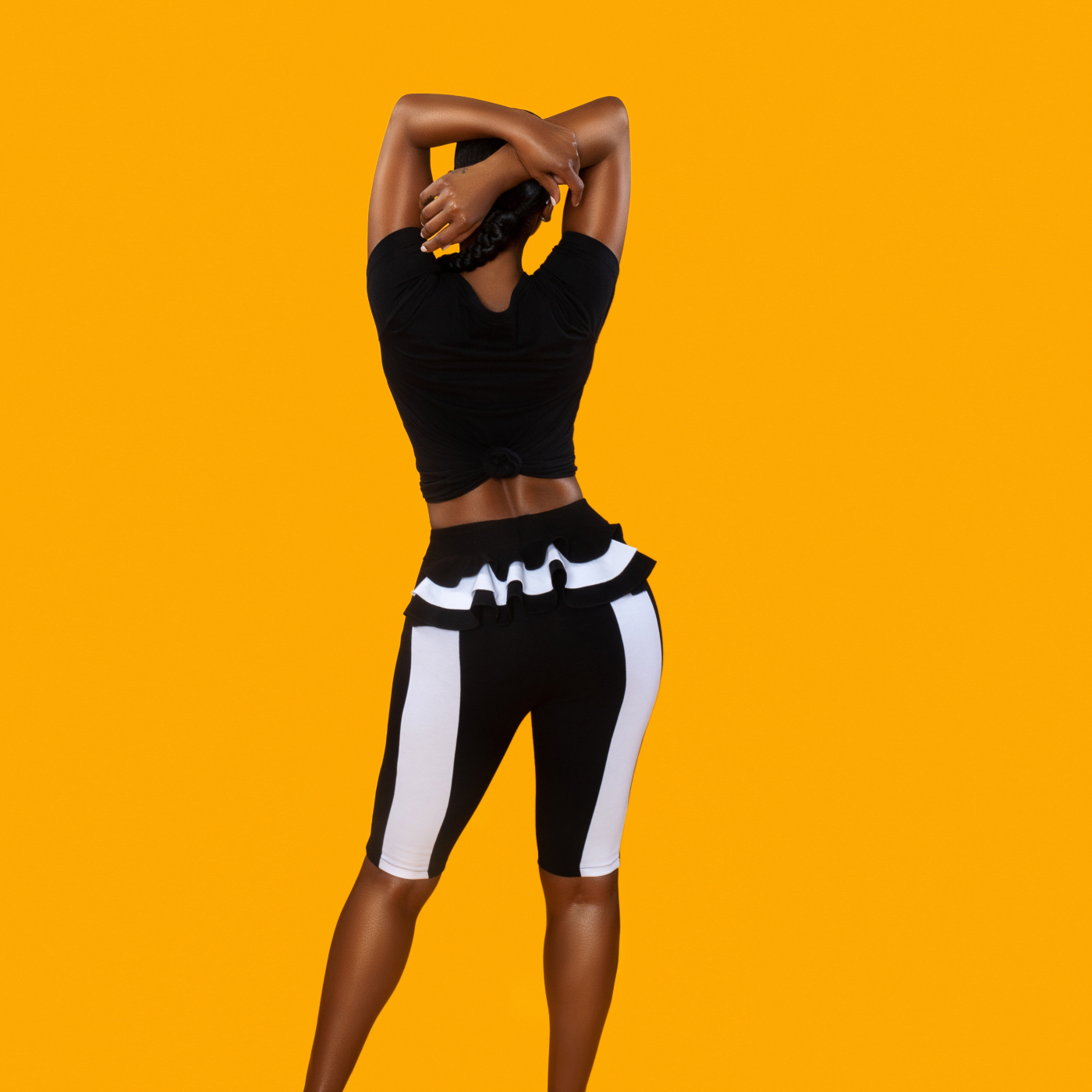 Black and White Biker Shorts with Peplum Ruffle at back