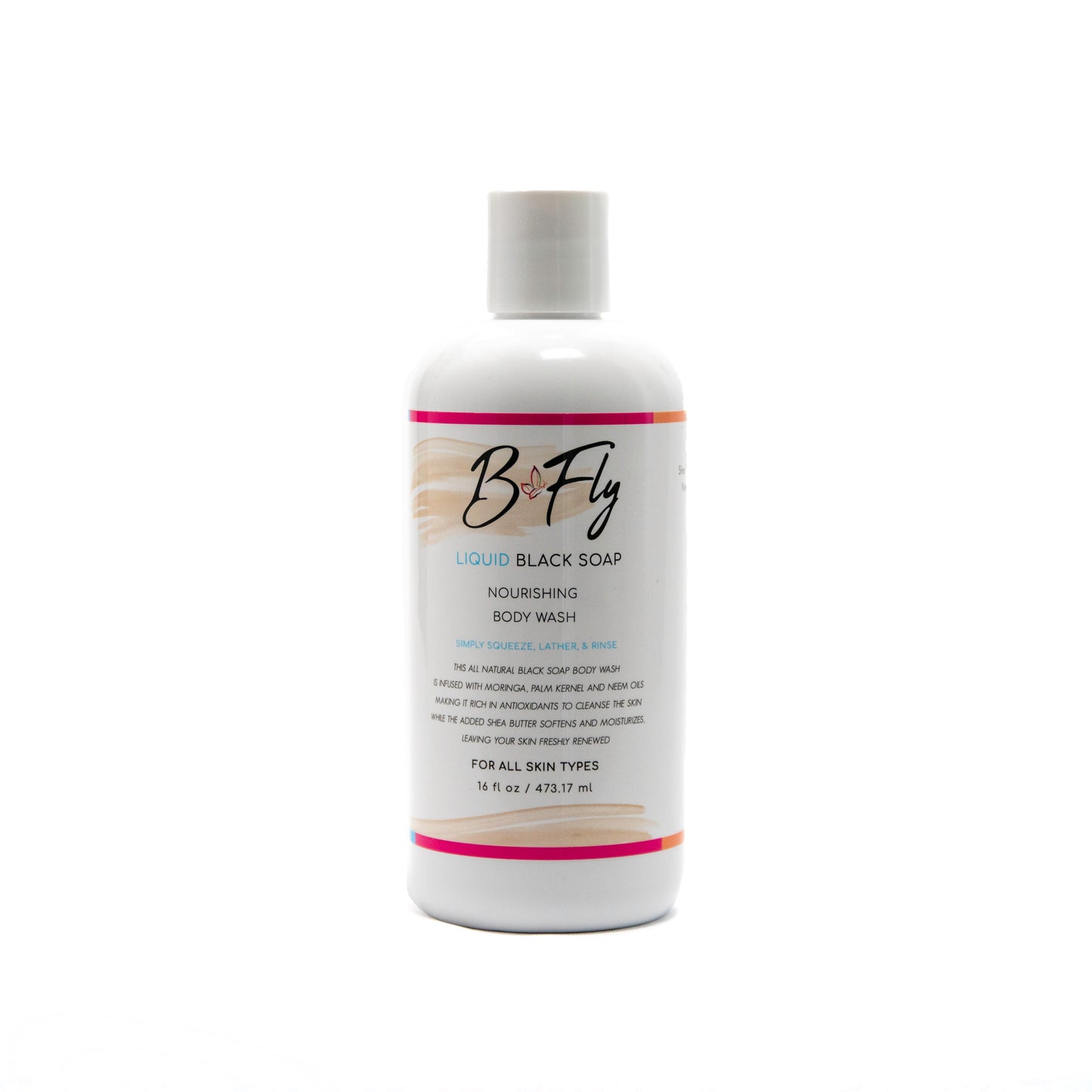 B'Fly Liquid Black Soap Body Wash in squeeze bottle with moisturizing, amber-colored liquid, enriched with Shea Butter, Neem Oil, and Palm Kernel Oil.