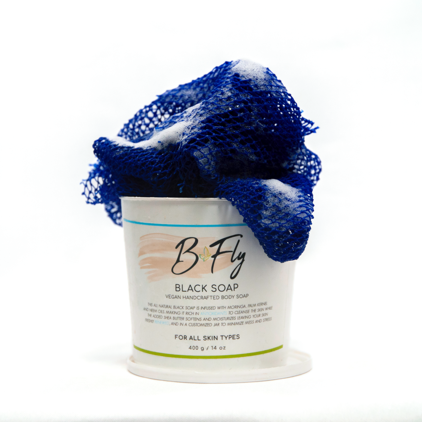 B'Fly by Staci Sherri Black Soap Tub with Moringa, Shea Butter, and Neem Oil with magic bathing tool for clarified skin