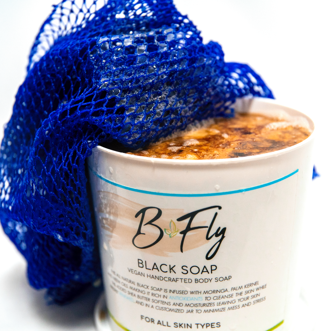 B'Fly by Staci Sherri Black Soap Tub with Moringa, Shea Butter, and Neem Oil with magic bathing tool for clarified skin