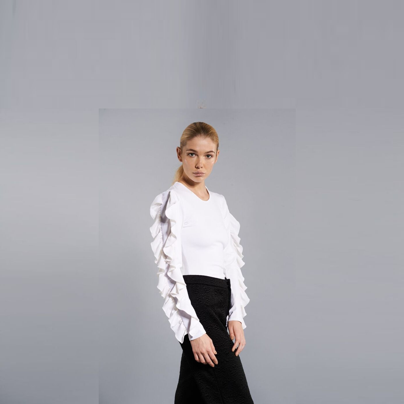 white butterfly ruffle top